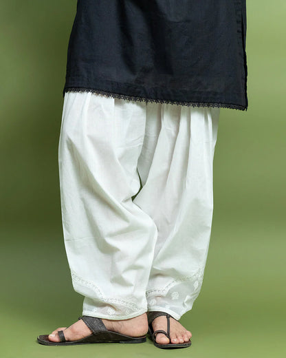 Binaf - Bottoms - White Embroidered Shalwar - W2